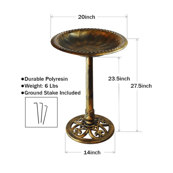 28 Inch Lightweight Poly Resin Outdoor Birdbath for Outside with Decoration Pedestal Base Stand - Pedestal Bird Bath for Outdoors Yard and Garden - Antique Bronze - Image 3
