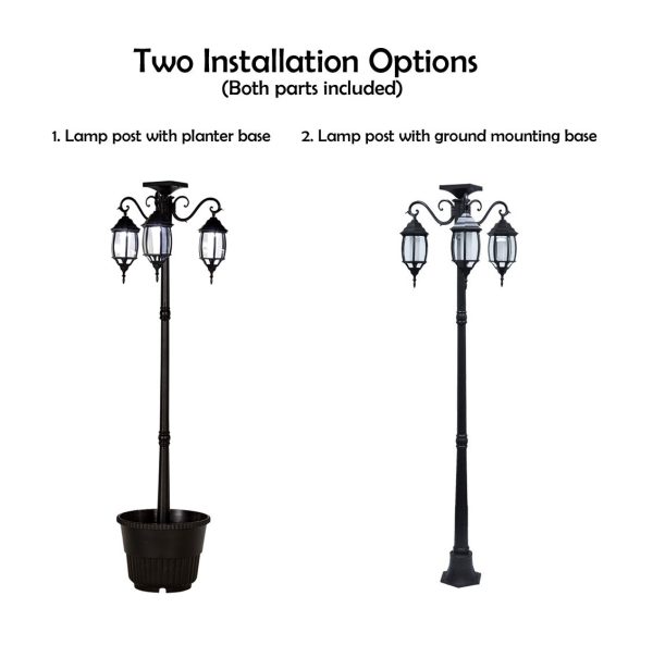 6.6 ft (79 in) Tall Solar Lamp Post and Planter - 3 Heads, White LEDs, Black - Image 6